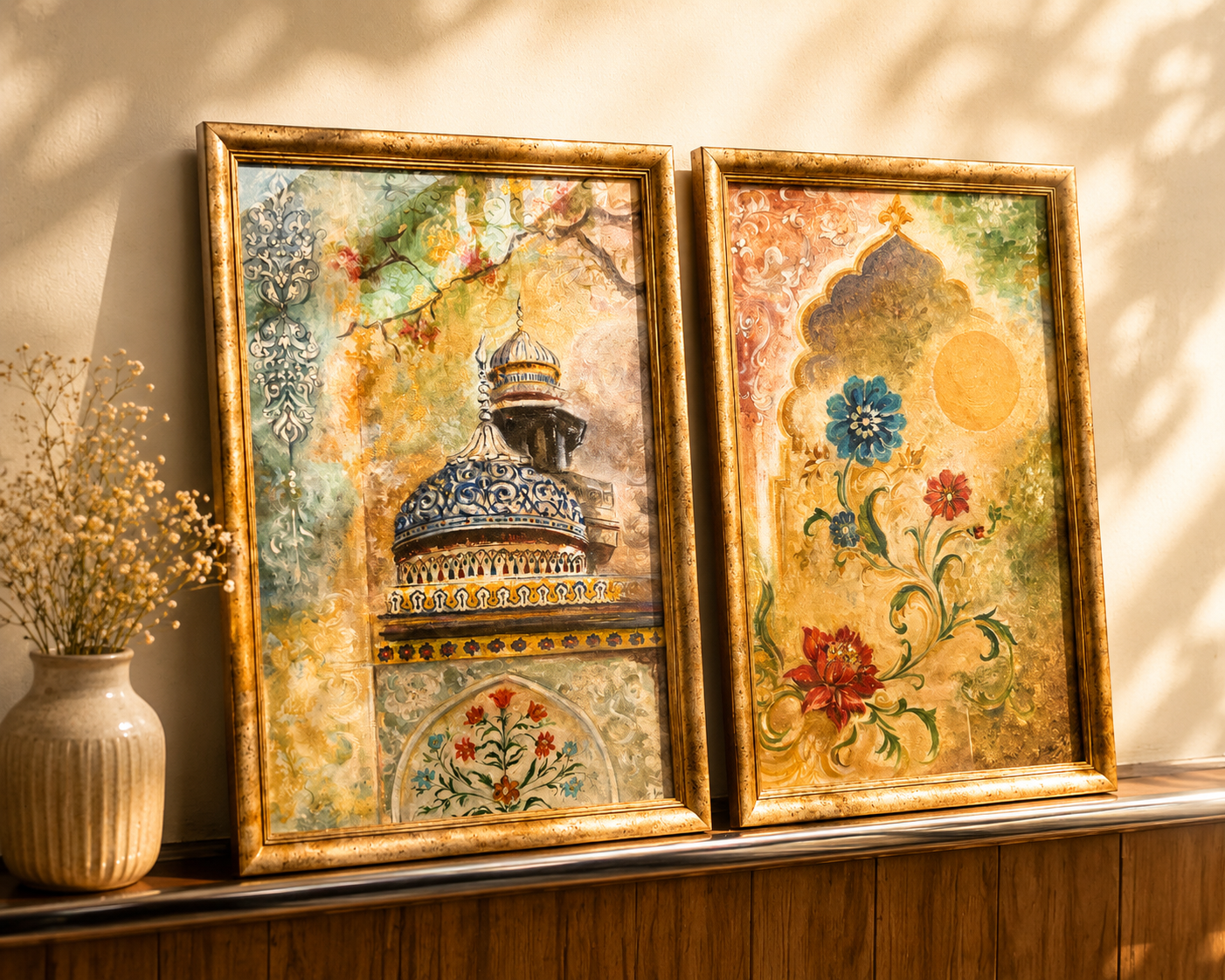 Masjid Wazir Khan Inspired Hand Painted Framed Diptych | Islamic Art Wall Decor
