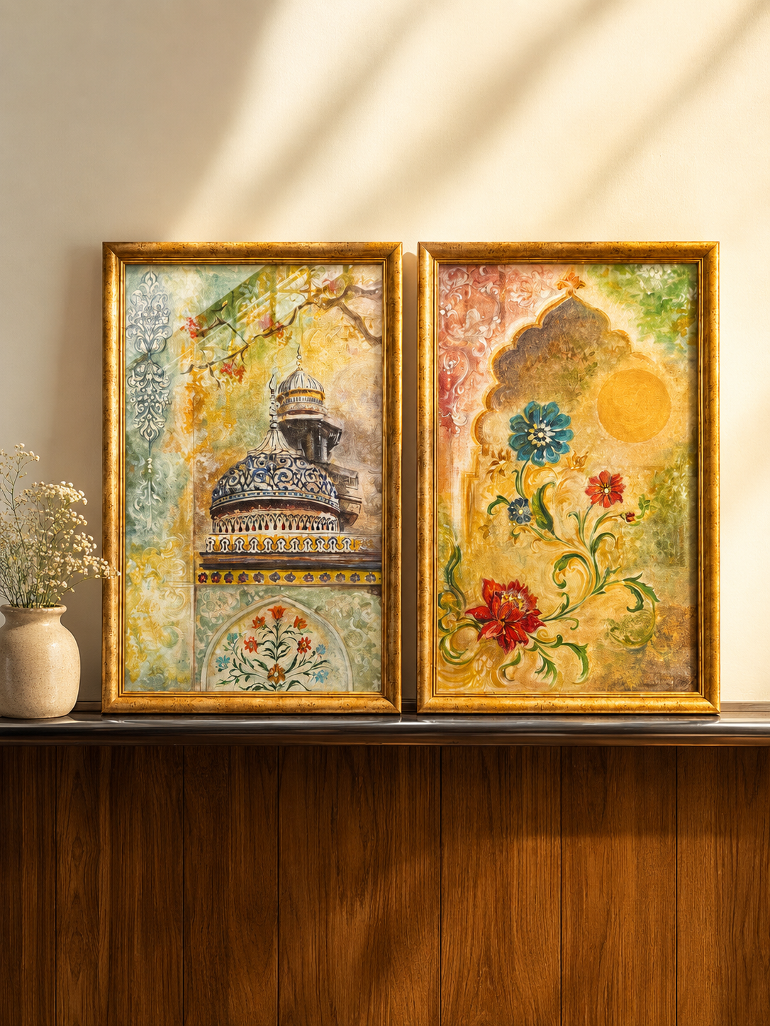 Masjid Wazir Khan Inspired Hand Painted Framed Diptych | Islamic Art Wall Decor