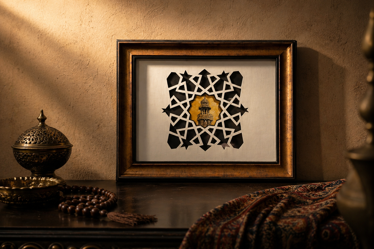 Geometric Noor – Islamic Pattern with Minaret Detail
